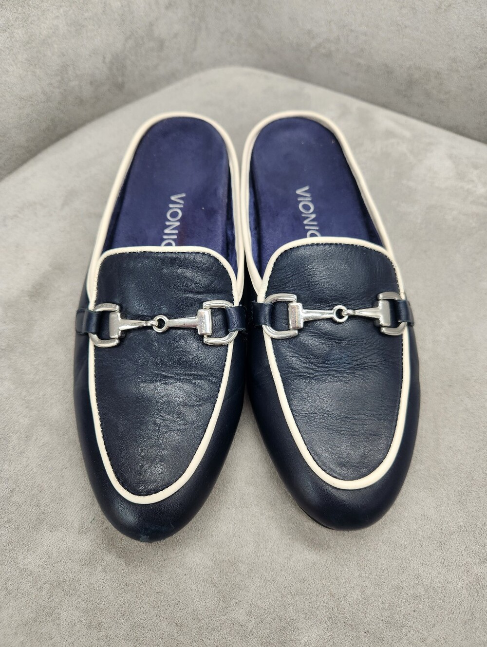 Vionic Adeline Mules 7.5 Navy Blue Leather Horsebit Nautical Equestrian Comfort